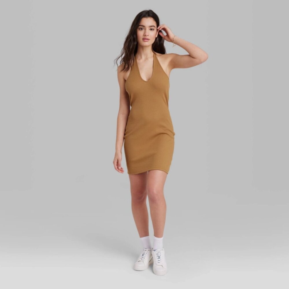 Sleeveless Convertible Rib Bodycon Dress Brown